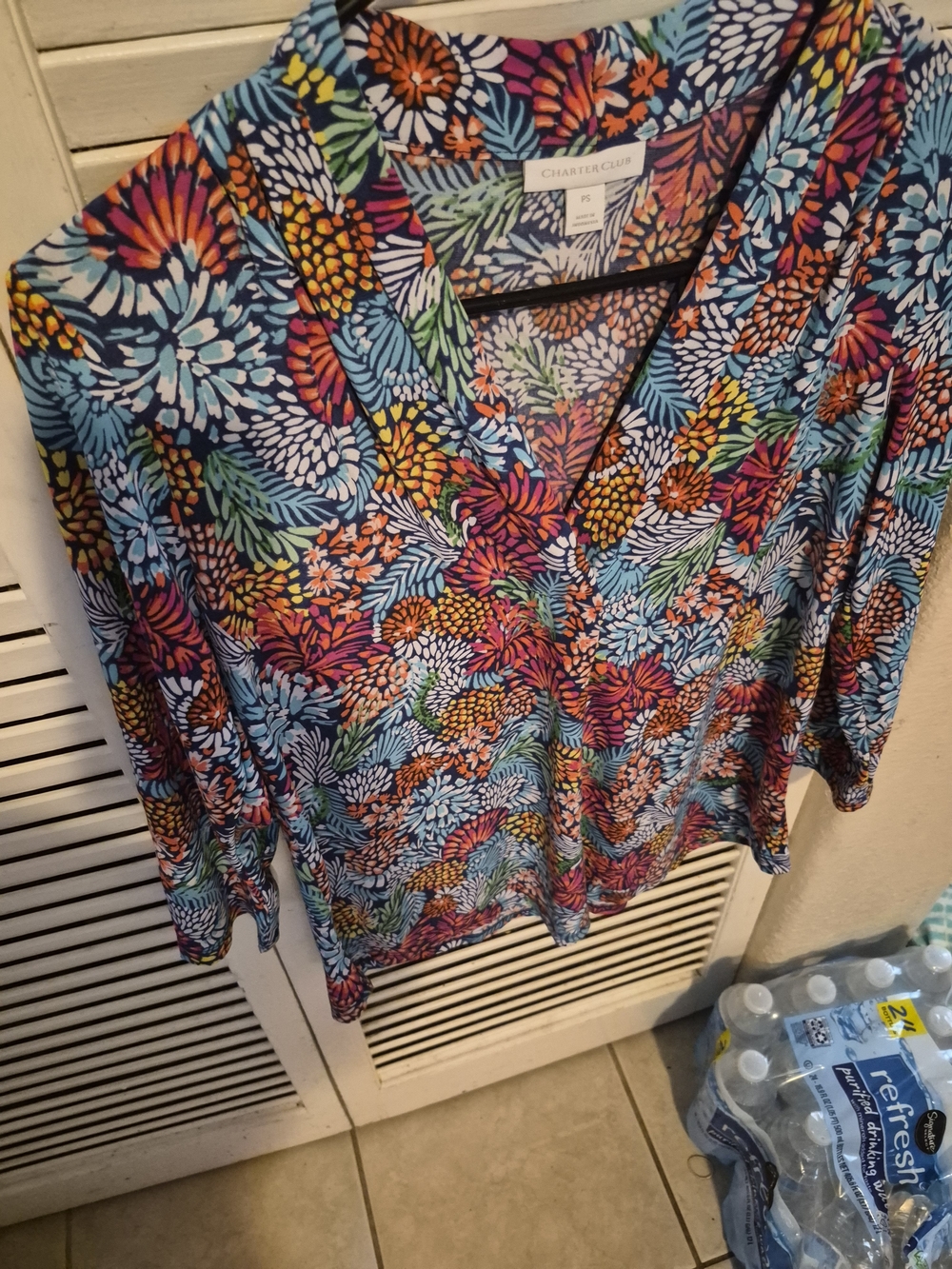 Charter Club Floral V-Neck Long Sleeve Top in Navy Multi